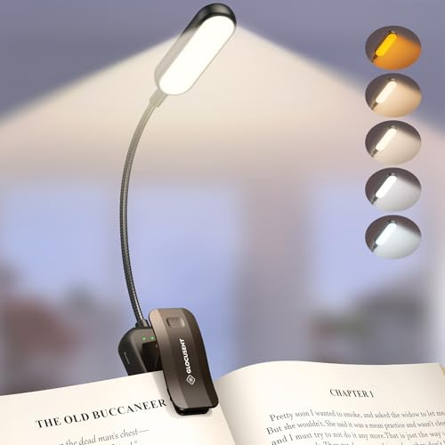 Glocusent 20 LEDs Book Light Clip on Book Reading Light Rechargeable USB-C | 5 Eye-Protecting Modes Clip on Book Light - Stepless Dimming, Long Battery Life, 4-Level Power, Flexible Book Lamp (Black)