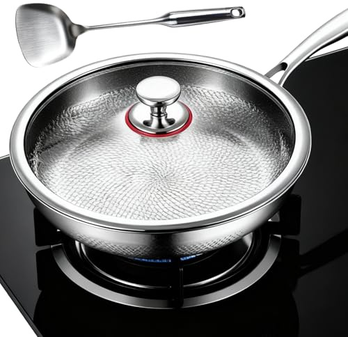 Titan Pfanne, 28CM Titanpfanne Mit Deckel und Spatel, Titanium Hammered Pan 5 Schichten Verdickt, TitanPfanne Unbeschichtet,Antihaftbeschichtete Bratpfannen, Kratzfest, Geeignet für Alle Herdarten(L)