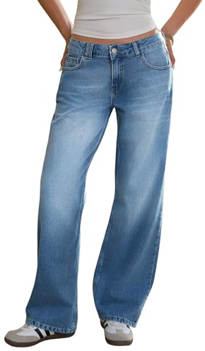 Fisoew Jean baggy pour femme - Jambes larges - Taille haute - Coupe droite - Pantalon en denim, bleu foncé, 38