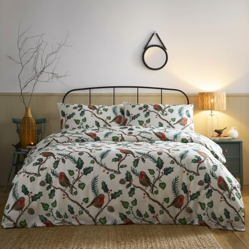 HOMEMAKER BEDDING Duvet Cover Set with Winter Robins and Holly Pattern, White Polycotton Bedding (Double)