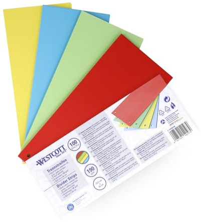 Westcott Trennstreifen 100 Stück Intensivfarben Mix | Robuste Heftstreifen 190g/m² für A4 Ordner | Trennblätter 10,5 x 24 cm | Register mit 2-fach-Lochung für DIN-A4 Dokumente | E-733320 00
