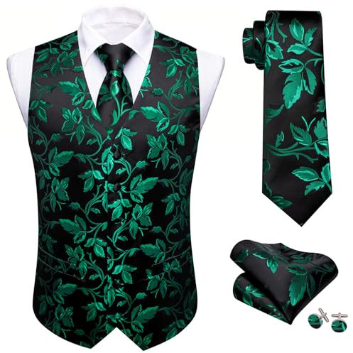 Barry.Wang Herren-Weste, Paisleymuster, Blume, Jacquard, Seide, V-Ausschnitt, Anzugweste und Krawatte, Einstecktuch, Manschettenknöpfe für Hochzeit, Smoking, Abschlussball, L