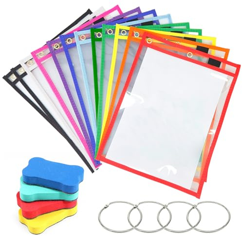 12 Stück Dry Erase Taschen, Abwischbare Durchsichtige Tasche Wiederverwendbare A4 Trocken mit 4 Radiergummis und 4 Edelstahl Ringe für Büro Schul Home