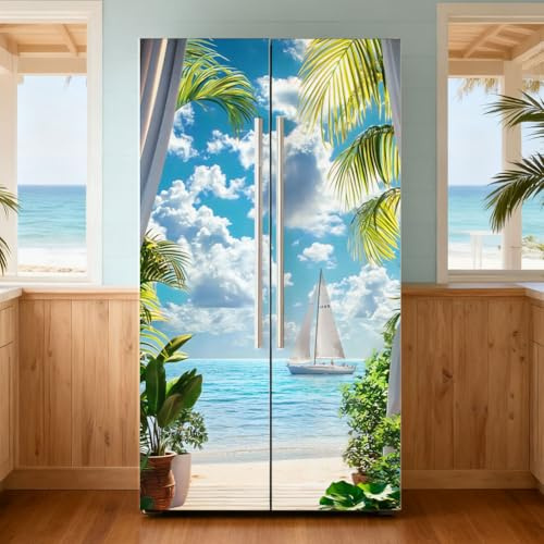 GOMAKERER 2 Pcs Tropical Beach Removable Refrigerator Wraps, Self-Adhesive Fridge Door Mural Vinyl Freezers Panel Cover Sticker for Kitchen Bar Decor, 41.5x200cm