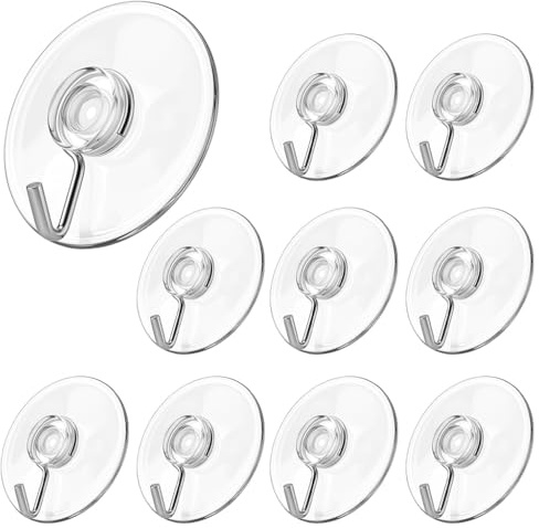 QWORK® 10 Pezzi Ventose con Gancio in Metallo Ø 40 mm – Tenuta Forte Senza Fori per Bagno, Cucina e Finestre – Ganci a Ventosa Trasparenti in PVC Flessibile per Piastrelle e Vetro