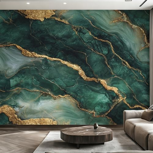 Non-Woven Dark Green Gold Marble Wallpaper - Fluid Modern Abstract Wall Mural for Bedroom, Living Room Background Decoration, Home Decor Photo Wall Paper 200x140 cm (WxH)