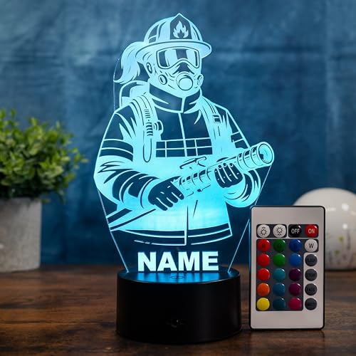 SpadinsLaserDreams Personalisierte Feuerwehrfrau Lampe mit Name – LED Nachtlicht Feuerwehrmann Geschenk, Feuerwehr Deko Kinderzimmer, Feuerwehr Geschenk Junge Mädchen, 16 Farben dimmbar