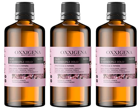Oxxigena - Olio di Mandorle Dolci Naturale e Puro al 100%, 3 Confezioni da 1 L, Estratto a Freddo, Ideale per Massaggi Corpo, come Idratante e Struccante per la Pelle Secca e per i Capelli Crespi
