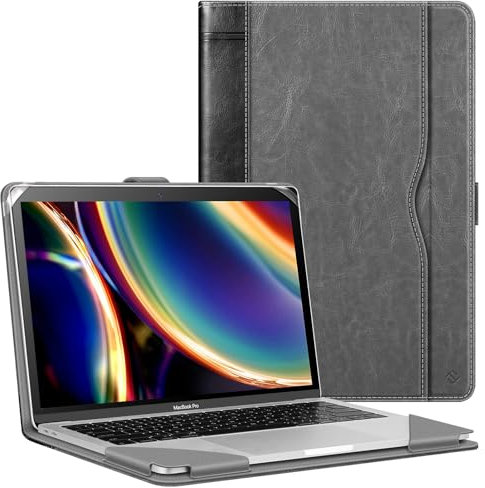 Fintie Hülle Kompatibel mit MacBook Air 13.6 (2024-2022 M3 M2), MacBook Air 13 (2020-2018 M1) / Pro 13 (2022-2016 M2 M1), Folio Book Schutzhülle mit Dokumentschlitze, Grau/Schwarz