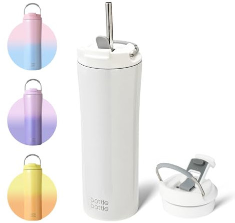 bottlebottle Bottle Bottle Insulated Travel Mug with Straw and Dual-use Lid Stainless Steel Coffee Cup 500ml(18oz) Thermal Iced Coffee Flask Tumbler with Handle(White)