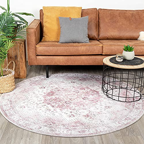 FRAAI | Home & Living Teppich Vintage Rund - Lago Rot Rosa - Baumwolle, Polyester - Flachgewebe - Vintage - Orientalisch - Wohnzimmer, Esszimmer, Schlafzimmer - Carpet