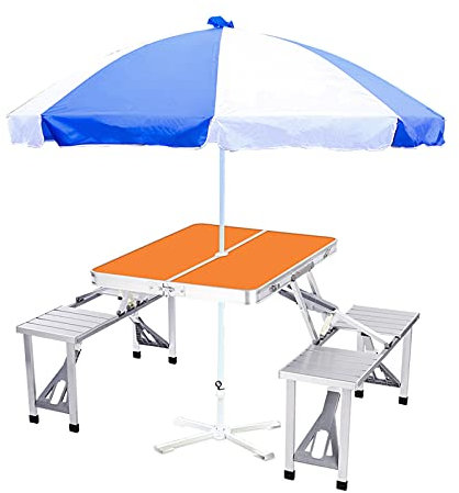 Wgwioo Tragbarer Klappbarer Camping-Picknicktisch Mit Sitzen, Stühlen Und Regenschirmloch, Kompakter Camping-Koffertisch Aus Aluminium, Für Den Innenbereich Im Freien,Orange,B