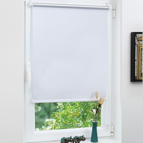 Grandekor Verdunklungsrollo ohne Bohren 80 x 200cm (Stoffbreite 80cm) | Weiß Klemmrollo Thermorollo mit Hitzeschutz, Rollos für Fenster Montage mit oder ohne Bohren Sicht-& Sonnenschutz