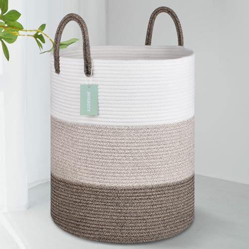 BOSROTY Large Blanket Basket, Tall Laundry Hamper 65L, Nursery Basket with Handles for Storage Toys Clothes Towels, Cotton Rope Woven Organiser, 40 x 50 CM, White & Gradient Brown
