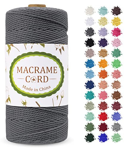LEREATI Makramee Garn 2mm x 200m, Farbig Baumwollgarn Baumwollschnur Baumwollseil Baumwollkordel, Macrame Cord Geflochten für DIY Basteln, Makramee Wandbehang, Hängepflanze, Boho Deko (Grau)