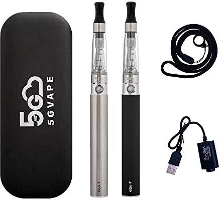 5GVAPE eGo T 1100mAh Rechargeable Battery Electronic Cigarette 2 Packs eGo CE4 Atomizer Refillable Shisha Starter Kit|E Cigarettes Vape Pens Vaporiser Kit|No E-Liquid No Nicotine (Steel Black)