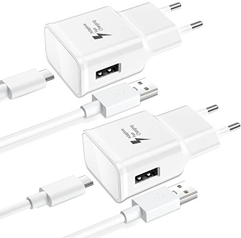 Fast Charger Kit(2 Ladegerät USB+2 USB C Ladekabel 1.8M/6FT), 15W USB Stecker Adapter mit 20V/3.0A USB Kabel Schnellladekabel für Samsung Galaxy A20/A80/S22/S21/S20/S10/S9/S8(Weiß)