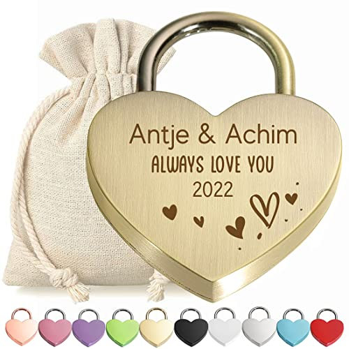 Herz-Schloss Liebesschloss Vorhängeschloss personalisierte Gravur Bronze - Motiv Always Love You - mit Schlüssel - Stoffbeutel - Metall eloxiert - Valentinstag - Paar-Geschenk - Love, Liebe