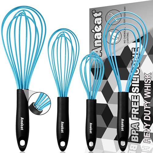 Anaeat Silikon-Schneebesen, 4 Stück, perfekt für antihaftbeschichtetes Kochgeschirr, Backen, Schlagen – 27.9 cm flacher Schneebesen und 21.6 cm + 26.7 cm + 30.5 cm Ballon-Schneebesen (blau)