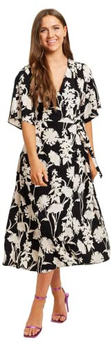 Liquorish Women's Floral Print Midi Wrap Dress with Kimono Sleeves in Black Cocktail, 8
