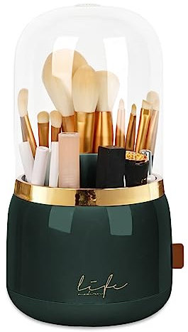 WAFJAMF Makeup Organiser Brush Holder 360 Rotating Cosmetics Organizer Large Capacity Storage Box with Lid Dustproof 7 Slot Makeup Brush Container - Upgrade Style - Dark Green
