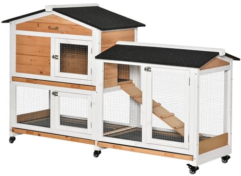 PawHut Kaninchenstall aus Holz für Kaninchen, Kleingehege, Tiere, Villa, für Kaninchen, auf Rollen, 2 Etagen, 3 verschiebbare Ablagen, 157,4 x 53 x 99,5 cm, Gelb