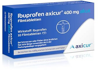Ibuprofen axicur 400 mg akut Filmtabletten, bei Schmerzen und Fieber, entzündungshemmend, Linderung von Kopfschmerzen, Zahnschmerzen, Regelschmerzen und Fieber, 10 Stk