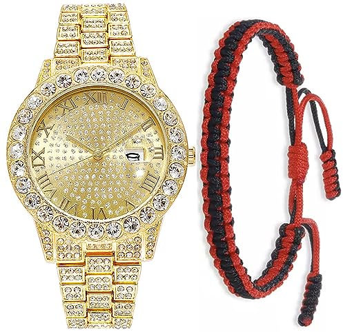 SENRUD Luxus Männer Frauen Hip Hop Full Diamanten Armband Armbanduhr Unisex Kristall Strass Uhr Iced Out Uhr, Gold, Modern, S182