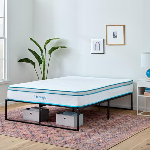 Linenspa Bett 80x190 cm mit Matratze und Lattenrost – Modernes Bettgestell mit Hybrid Federkernmatratze, 20 cm hoch, mittelfest H3 – Metallbett mit 30 cm Stauraum