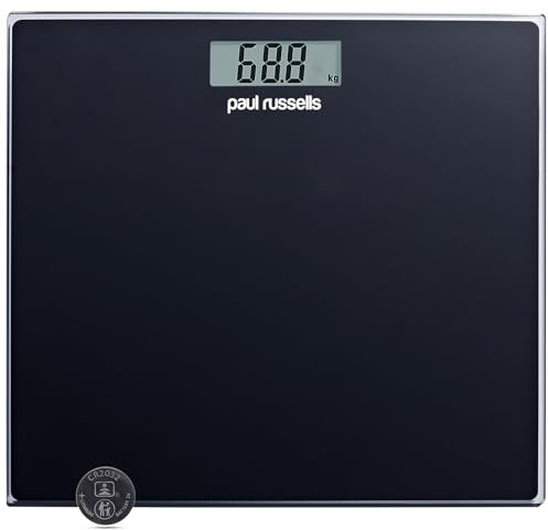 Paul Russells Digital Bathroom Scales, Bath Scales, Body Weight, Weighing Scale for Fitness with High Precision Sensors, Accurate Weight Machine for Humans (st/lb/kg) 28X28cm150KG Wide Platform Black