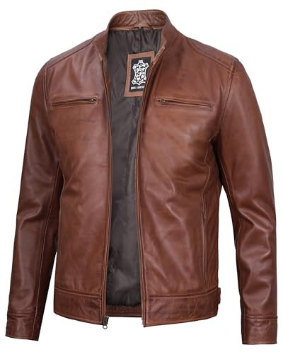 Blingsoul Lederjacken für Herren – echtes Lammfell im Motorrad-Stil für Herren, Dodg - Cognac Jacke, XXX-Large