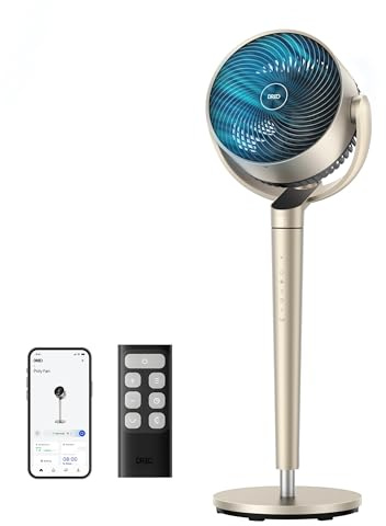 Dreo - Pedestal Fan with Remote, PolyFan 704S, 43 Quiet Standing Fan for Home Bedroom, 120°+105° Smart Oscillating Floor Fans Gold