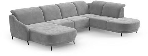 CAVADORE Wohnlandschaft Blue, Sofalandschaft mit Longchair im modernen Design, inkl. kopfteilverstellung, Vorziehsitz motorisch, Klapptisch, USB-Anschluss, mattschwarzen Metallfüßen, Mittelgrau