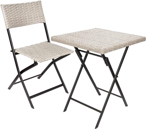 BRUBAKER Balkonset Lugano mit Tisch und 1 Stuhl - Wetterfest klappbar und platzsparend - Polyrattan Balkonmöbel Set - Sitzgruppe für Balkon Terrasse - Bistroset mit Klappstuhl - Grau/Beige