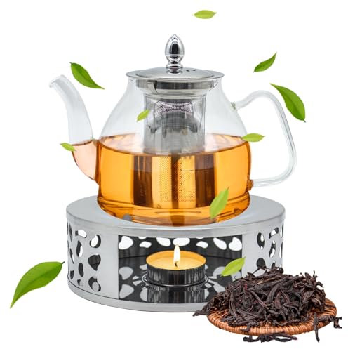Ryvera 1200ml Teekanne mit Stövchen, Hochborosilikatglas, 304-Edelstahl-Sieb & 430-Edelstahl-Warmhalteplatte, Abnehmbare Innenlinse, Leicht zu reinigen, für alle Teesorten