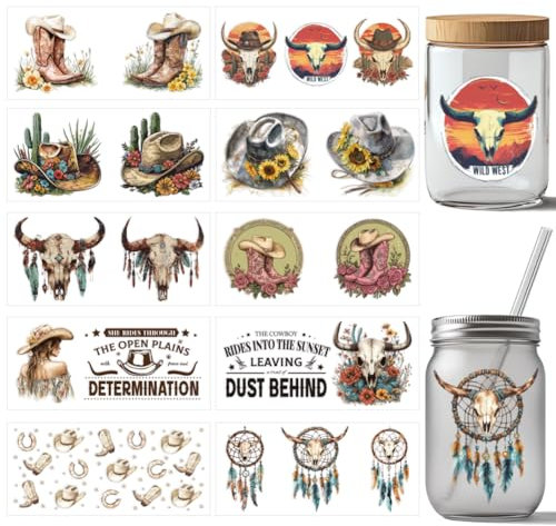 arricraft 10 Stück West Cowboy UV DTF Cup Wrap Transferaufkleber 10 Stile Transferpapier Mit Kuhschädel Motiv Zum Aufkleben Auf Tassen PVC Wasserfest Zum Aufkleben Auf Tassen Und Gläser