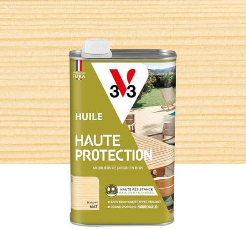 V33 Huile bois extérieur Haute Protection Naturel mat - Pour mobilier de jardin - Haute résistance eau, UV et graisses - Sans essuyage et effet perlant - Résine d'origine végétale - 1L