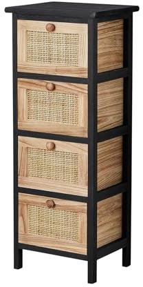 Home Source Chest of Drawers, Wooden Bedroom Organiser Storage Unit, Black with Woven Rattan Drawers, 4 Drawer