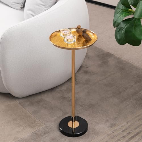 Marble Base Metal Plant Stand, Adjustable Height Gold Potted Plant Stand Indoor Outdoor Rustproof Metal Round Flower Pot Support Display Stand, Modern Decorative Small Round Side Table for Home and