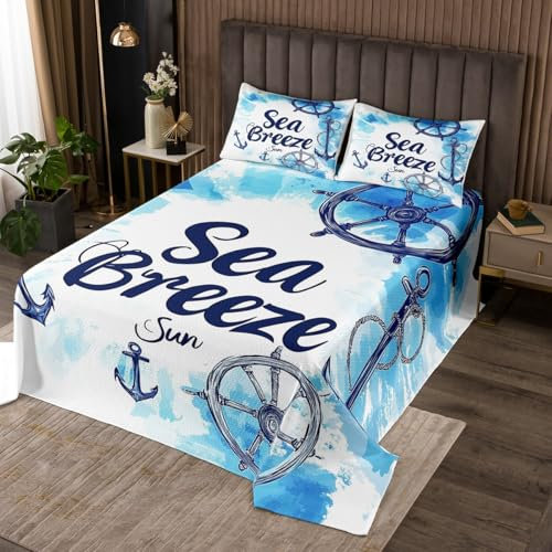 Loussiesd Anker Decor Tagesdecke 170x210cm Nautical Themed Bettüberwurf Ozean Steppdecke Abenteuer am Meer Doppelbett Gesteppt Zimmer Dekor Weiß Blau Wohndecke