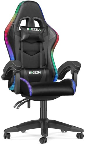 bigzzia Gaming Stuhl mit LED - Gaming Chair Gamer Stühle RGB Licht Beleuchtung Computerstuhl Höhenverstellbar Ergonomisch Bürostuhl für Jugendliche Jungen Mädchen Erwachsene (mit LED, Reines Schwarz)