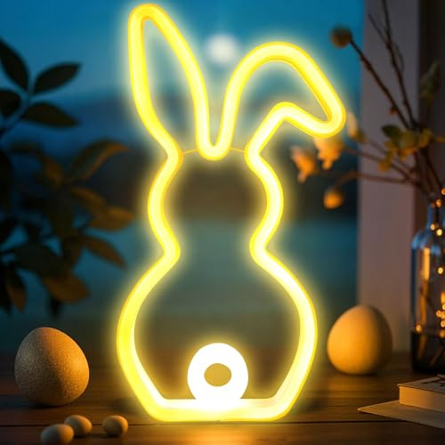 Osterdeko Hasen mit LED Lichter, 28cm LED Neon Osterhase aus Stehend, Ostern Deko Hasen Figuren, LED Osterhasen Deko Figuren, Oster Deko Hase aus Kunststoff für Frühlingsdeko Ostern Tisch Deko (Gelb)