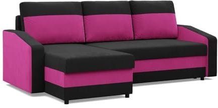 Mebligo - Ecksofa mit Schlaffunktion, Universelle Seite, Schwarz + Rosa (Mikro 15 + Mikro 28)