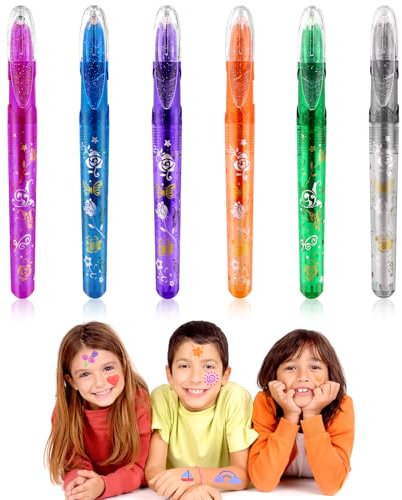 Alaoo 6 Rotuladores Tatuajes Niños, Rotuladores Tatuajes Purpurina Niños, Tatuajes Purpurina, Tatuajes Temporales Luminoso y Plantillas, Adecuado Para Halloween,Cumpleaños, Regalos de Amigos, Etc