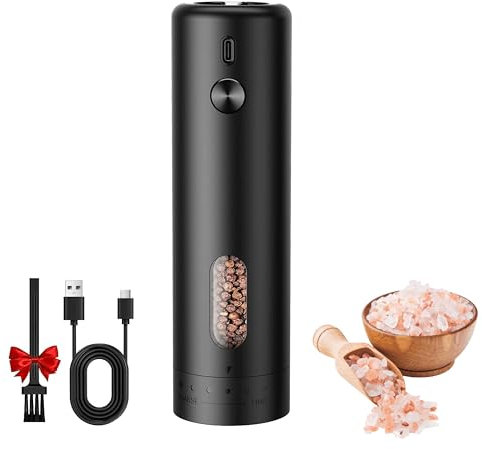 MERTTURM Molinillos de Pimienta Eléctricos Recargables, Molinillo de Especias con Luz LED, Granero de 110 ml, Grosor externo ajustable Molinillo de Sal para Cocina, BBQ, Negro(1PCS)