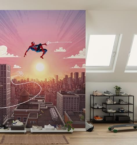 Komar Vlies Fototapete - Marvel Spider-Man Swinging Through the Air - Größe 200 x 250 cm - Tapete, Kinderzimmer, Kindertapete