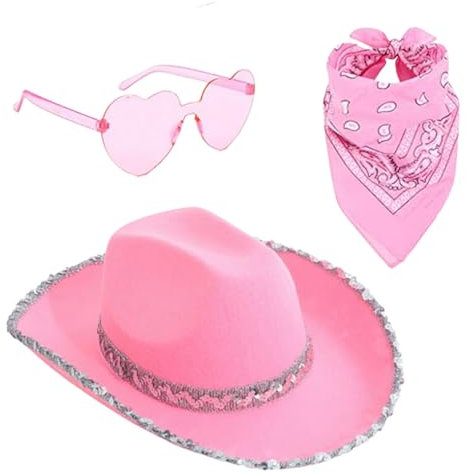 Lot de 3 chapeaux de cowboy roses 37 x 29 x 14 cm pour adulte - non tissé et acrylique - Chapeau de cowgirl à bord brillant avec cœur et lunettes de soleil et bandana - Fournitures de costume