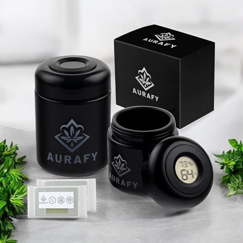 Stash Jar mit Hygrometer-Deckel – UV-Glas, luftdicht & geruchsdicht zur Aufbewahrung von Kräutern & Gewürzen – Inklusive 2 Stück 62% RH 2-Wege-Feuchtigkeitskontrollpacks (120 ML)