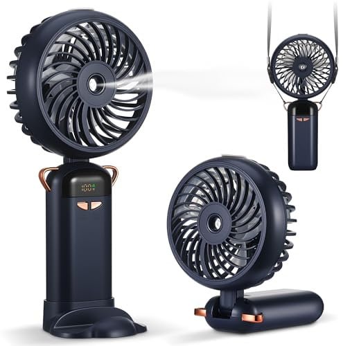 Kssvzz Mini Ventilateur Portable avec Brumisateur, USB Ventilateur Rechargeable à Main 5 vitesses, Petit Ventilateur de Poche avec Base, Pliable Ventilateur Portatif pour Voyages Bureau Maison (Bleu)
