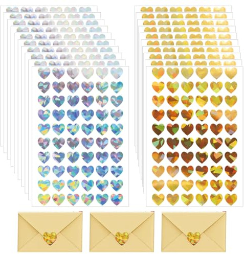 SIRLOMU 1200 Stück Glitzer Herz Aufkleber Selbstklebende Herz Aufkleber Valentinstag, Ostern, Hochzeit, Geschenktüten, DIY Basteln, Umschlag Verschluss Dekoration (Gold und Silber)